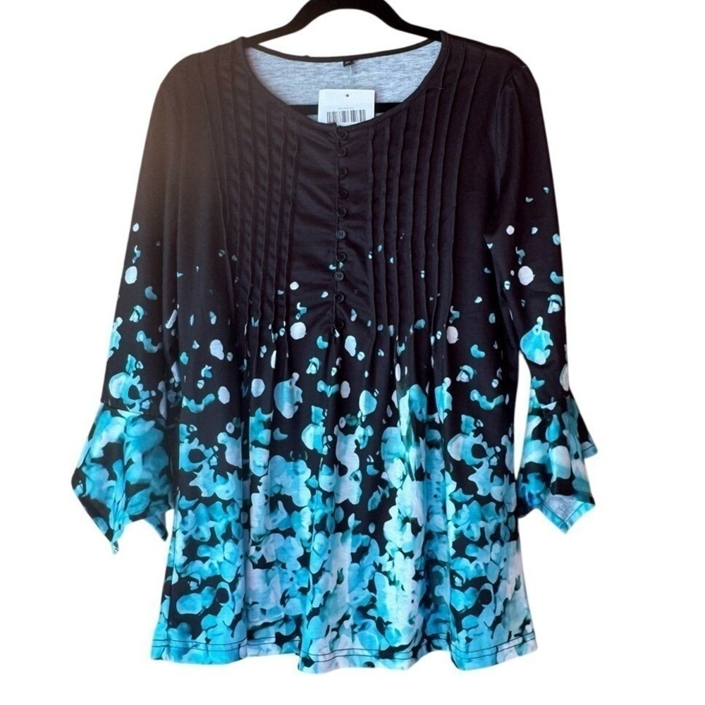Flowy Blouse 3/4 Sleeve Pleated Black Aqua White Floral XL NWT Versatile